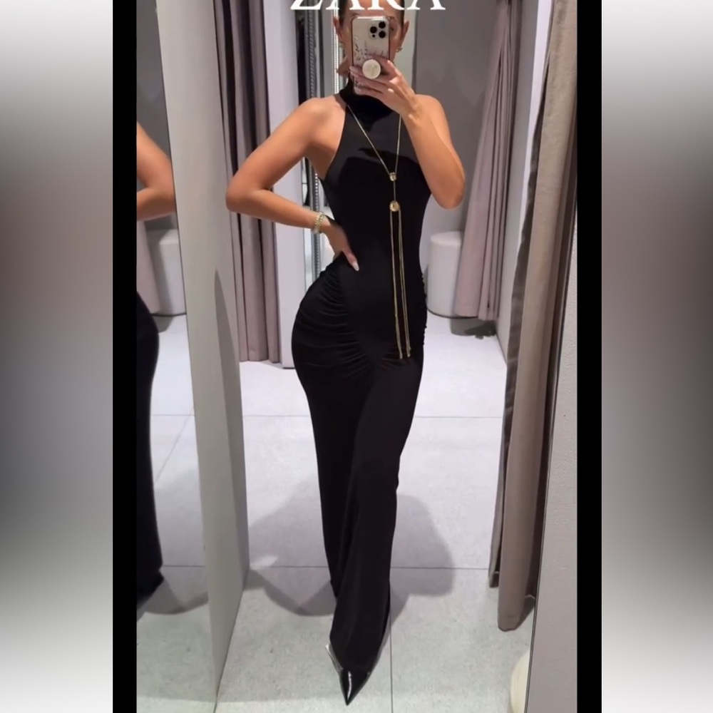 Zara CHAIN HALTER DRESS BROWN SMALL